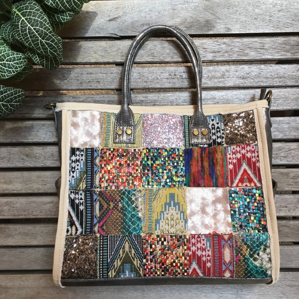 Antik Kraft Metallic Patchwork Bag Tote Handbag